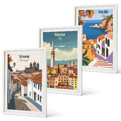 Set de 3 cuadros para salón Ilustraciones retro de ciudades del mundo