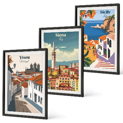 Set de 3 cuadros para salón Ilustraciones retro de ciudades del mundo