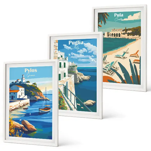 Set de 3 cuadros decorativos para salón con paisajes costeros