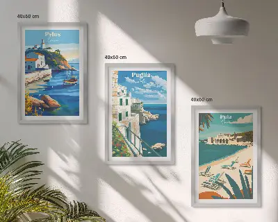 Set de 3 cuadros decorativos para salón con paisajes costeros