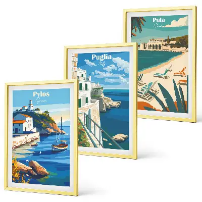 Set de 3 cuadros decorativos para salón con paisajes costeros