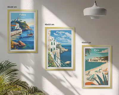 Set de 3 cuadros decorativos para salón con paisajes costeros
