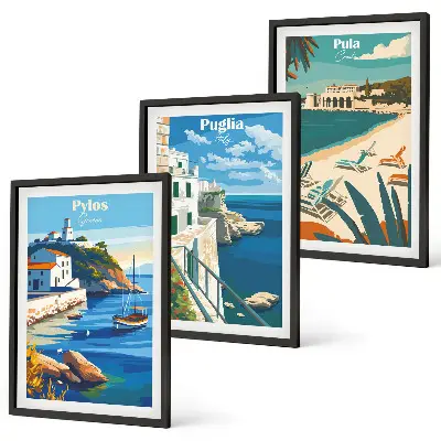 Set de 3 cuadros decorativos para salón con paisajes costeros