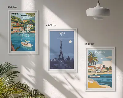 Juego de 3 cuadros con diseño de ciudades costeras y arquitectura