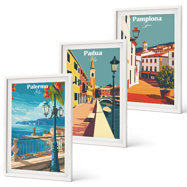 Set de 3 cuadros para salón Ilustraciones urbanas retro