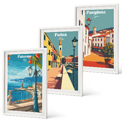 Set de 3 cuadros para salón Ilustraciones urbanas retro