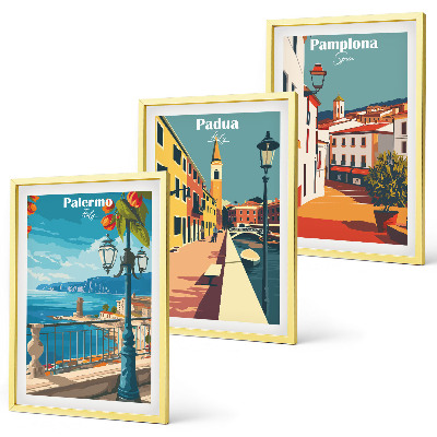 Set de 3 cuadros para salón Ilustraciones urbanas retro