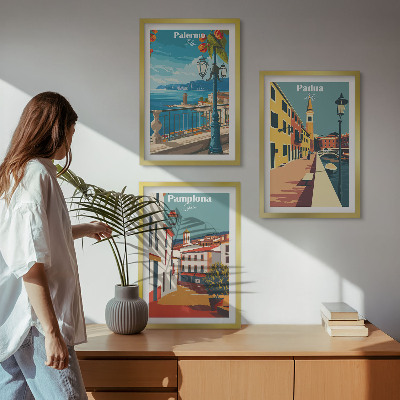 Set de 3 cuadros para salón Ilustraciones urbanas retro
