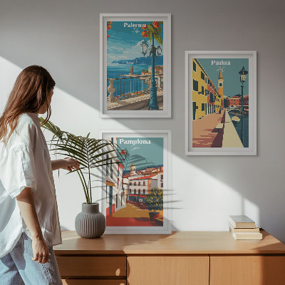 Set de 3 cuadros para salón Ilustraciones urbanas retro