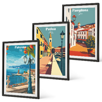 Set de 3 cuadros para salón Ilustraciones urbanas retro