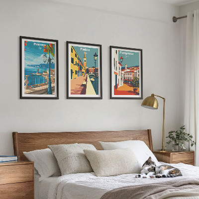 Set de 3 cuadros para salón Ilustraciones urbanas retro