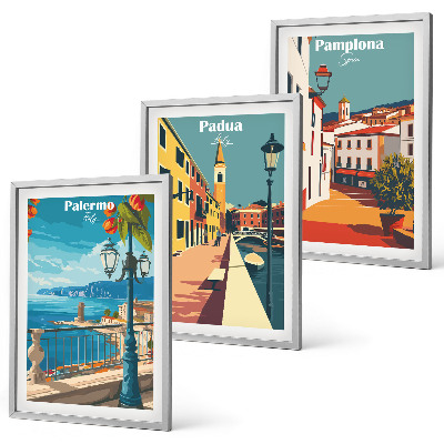 Set de 3 cuadros para salón Ilustraciones urbanas retro