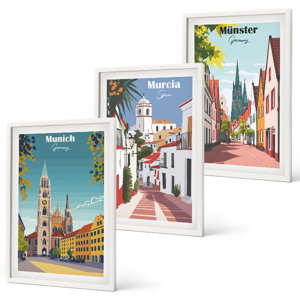 Juego de 3 cuadros Ciudades europeas en dibujos a color
