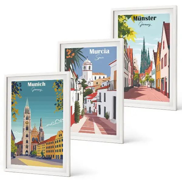 Juego de 3 cuadros con ilustraciones de ciudades europeas a color