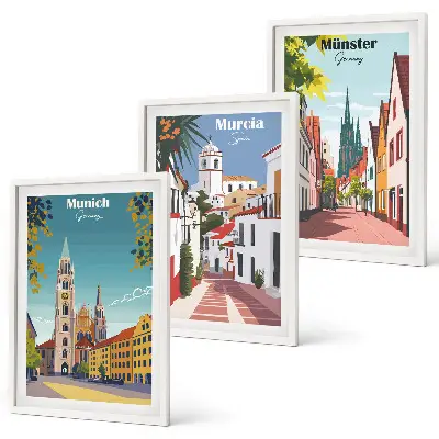 Juego de 3 cuadros con ilustraciones de ciudades europeas a color
