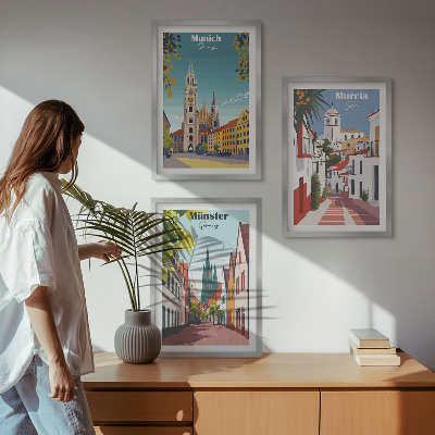 Juego de 3 cuadros Ciudades europeas en dibujos a color