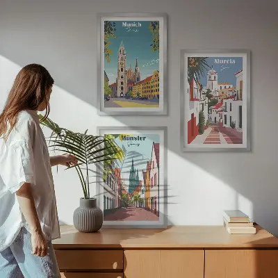 Juego de 3 cuadros con ilustraciones de ciudades europeas a color