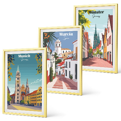 Juego de 3 cuadros Ciudades europeas en dibujos a color