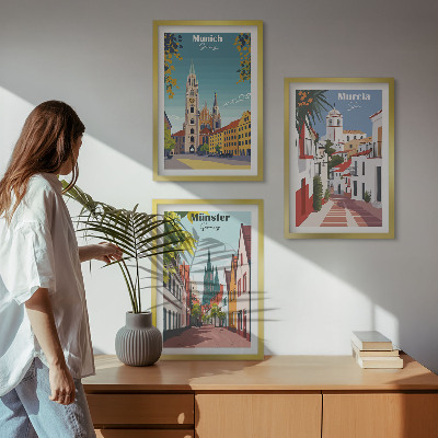 Juego de 3 cuadros Ciudades europeas en dibujos a color