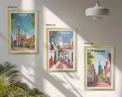 Juego de 3 cuadros con ilustraciones de ciudades europeas a color