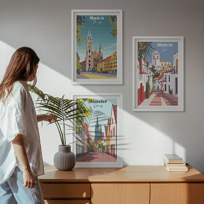 Juego de 3 cuadros Ciudades europeas en dibujos a color