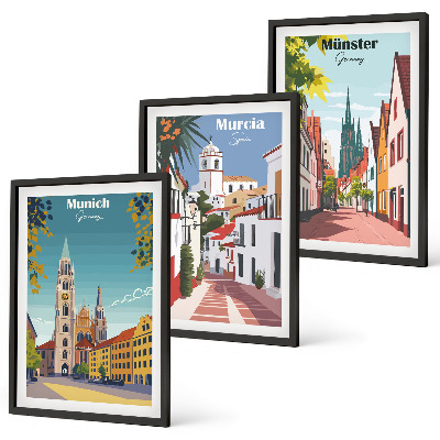 Juego de 3 cuadros Ciudades europeas en dibujos a color