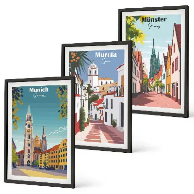 Juego de 3 cuadros con ilustraciones de ciudades europeas a color