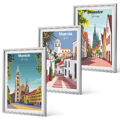 Juego de 3 cuadros Ciudades europeas en dibujos a color