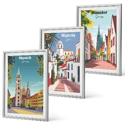 Juego de 3 cuadros con ilustraciones de ciudades europeas a color