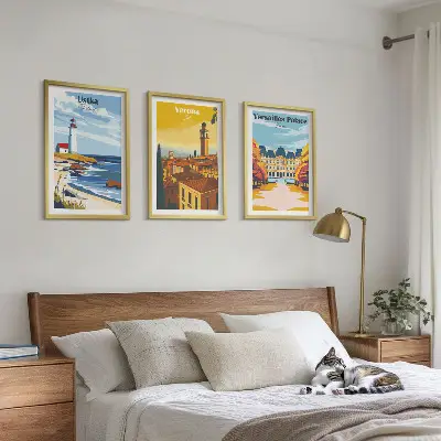 Set de 3 cuadros para salón con vistas a ciudades costeras