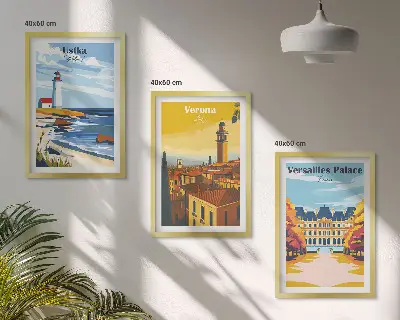 Set de 3 cuadros para salón con vistas a ciudades costeras