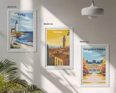 Set de 3 cuadros para salón con vistas a ciudades costeras