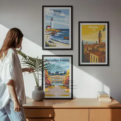 Set de 3 cuadros para salón con vistas a ciudades costeras