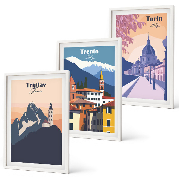 Juego de 3 cuadros Ilustraciones retro de arquitectura de montaña