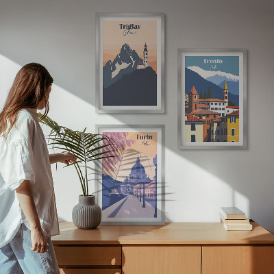 Juego de 3 cuadros Ilustraciones retro de arquitectura de montaña
