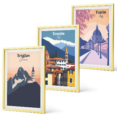 Juego de 3 cuadros Ilustraciones retro de arquitectura de montaña