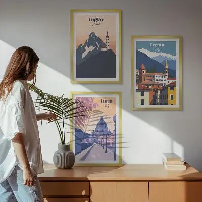 Juego de 3 cuadros ilustraciones de arquitectura de montaña con estilo retro