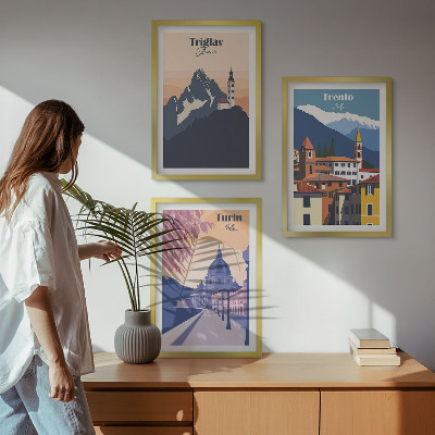 Juego de 3 cuadros Ilustraciones retro de arquitectura de montaña