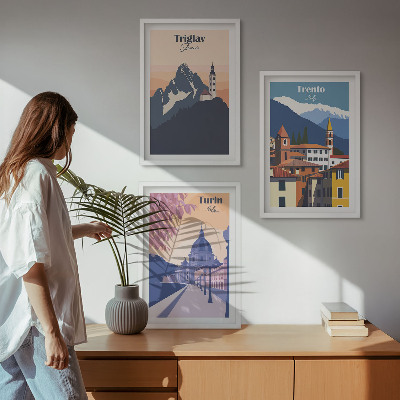 Juego de 3 cuadros Ilustraciones retro de arquitectura de montaña