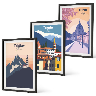 Juego de 3 cuadros Ilustraciones retro de arquitectura de montaña