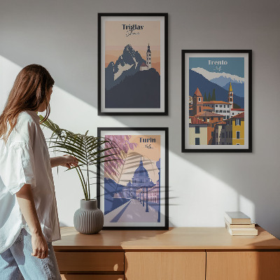 Juego de 3 cuadros Ilustraciones retro de arquitectura de montaña