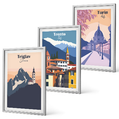 Juego de 3 cuadros Ilustraciones retro de arquitectura de montaña