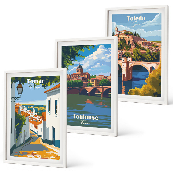 Set de 3 cuadros para salón Gráficos de ciudad retro