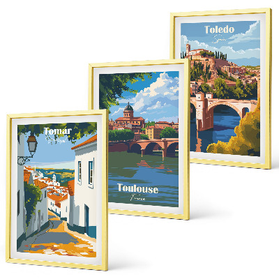 Set de 3 cuadros para salón Gráficos de ciudad retro
