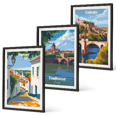 Set de 3 cuadros para salón Gráficos de ciudad retro