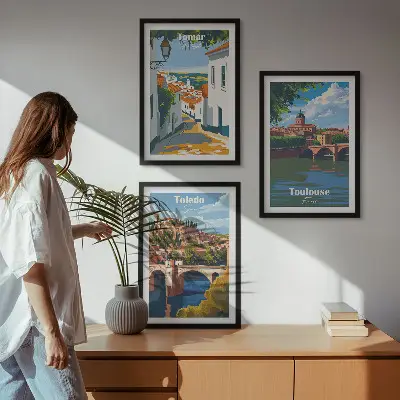 Set de 3 cuadros decorativos con diseño de gráficos de ciudad retro para salón