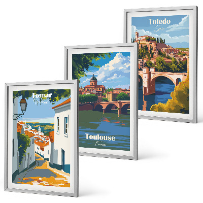 Set de 3 cuadros para salón Gráficos de ciudad retro