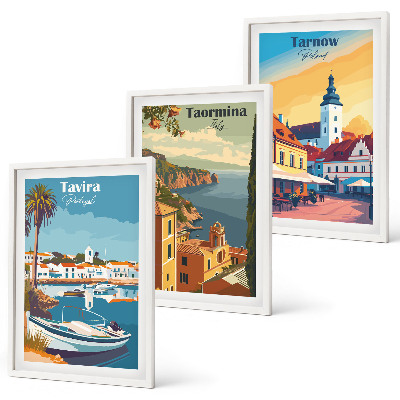 Juego de 3 cuadros Vistas de ciudades costeras