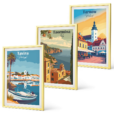 Juego de 3 cuadros Vistas de ciudades costeras