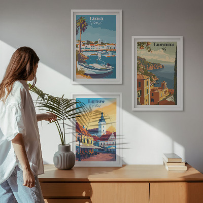 Juego de 3 cuadros Vistas de ciudades costeras